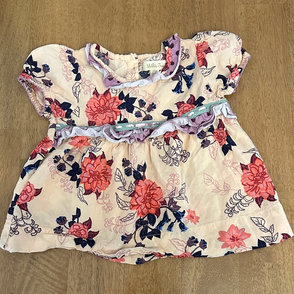 Matilda Jane Light Pink Floral Ruffle Top with Coral & Navy Accents 18-24mo